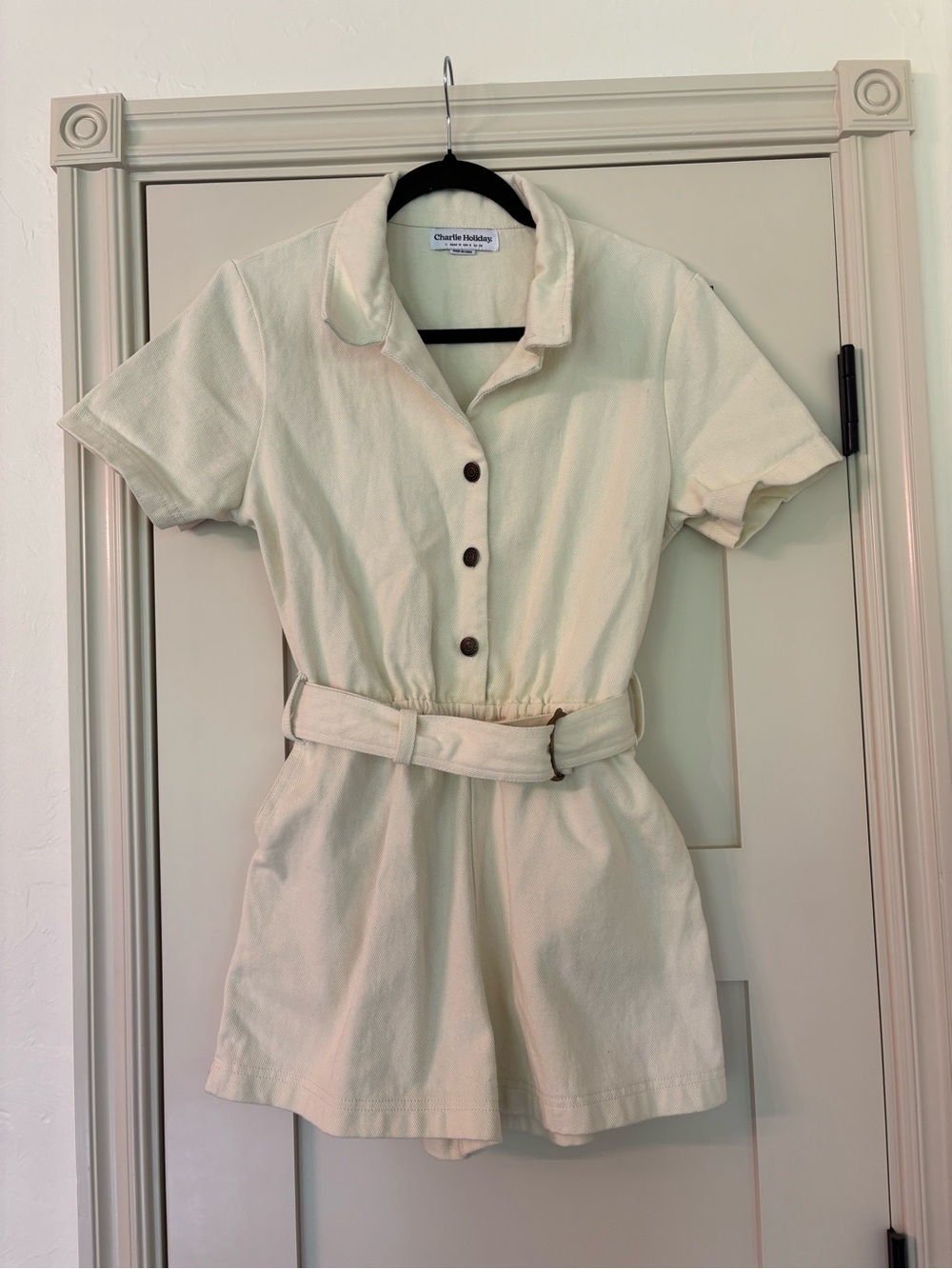 Charlie Holiday Cream Belted Utility ResortWear Cotton Minimalist Playsuit Size6